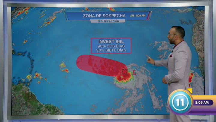 Imagen del artículo de Univision / TeleOnce: Invest 96L alcanza 90% de probabilidad de desarrollo mientras avanza hacia el Caribe